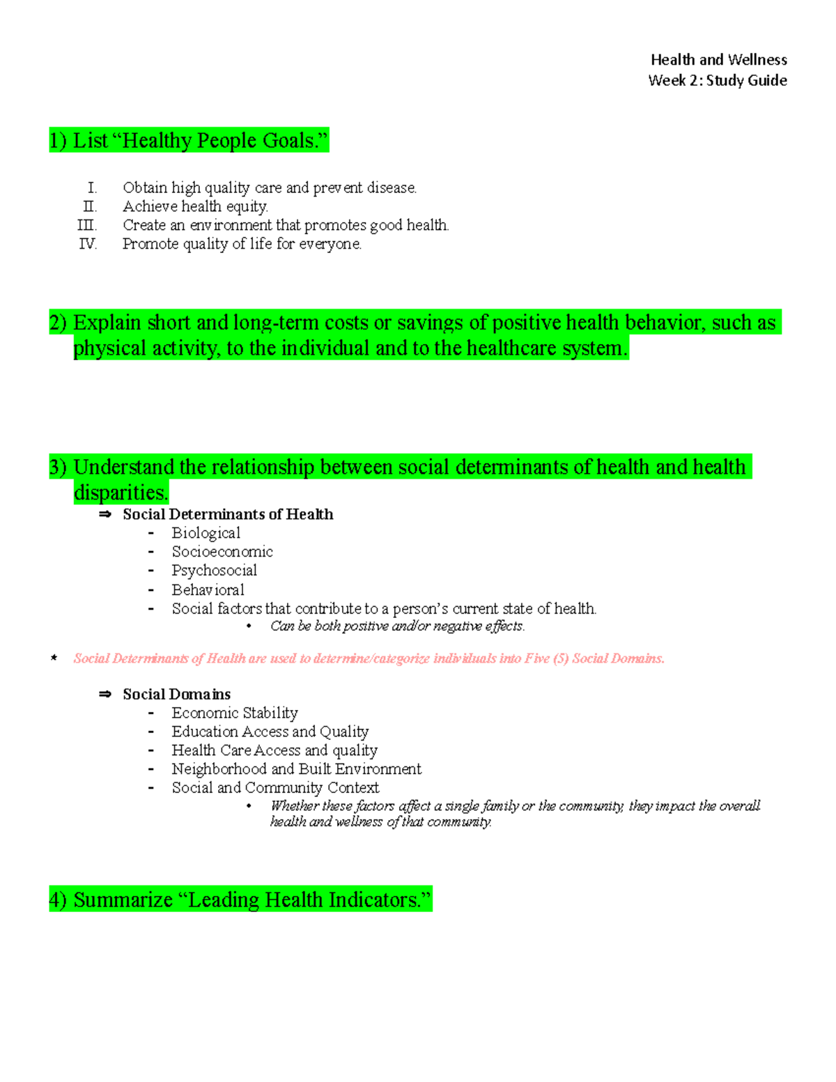 Health and Wellness Week 2 Study Guide: Goals and Key Concepts - Studocu