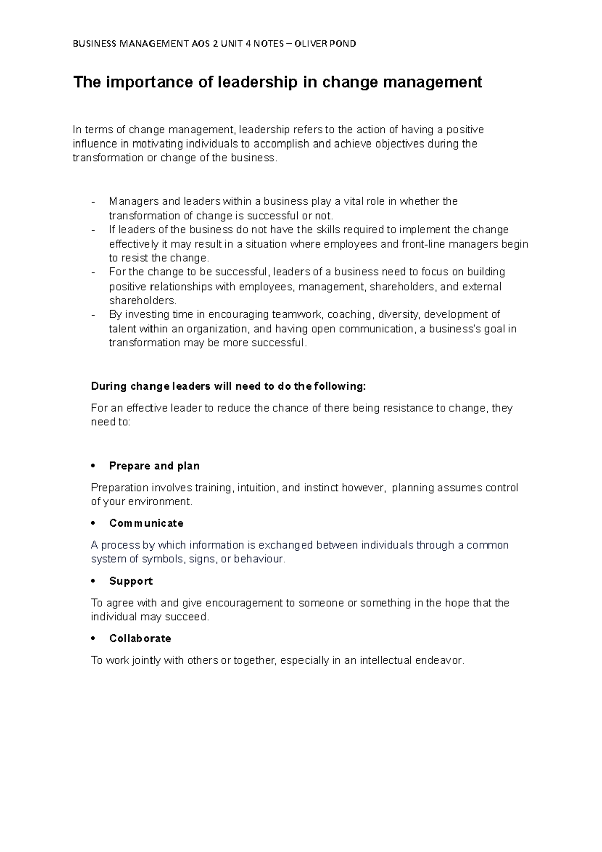 Business Management AOS 2 Unit 4 Notes: Leadership & KPIs - Studocu