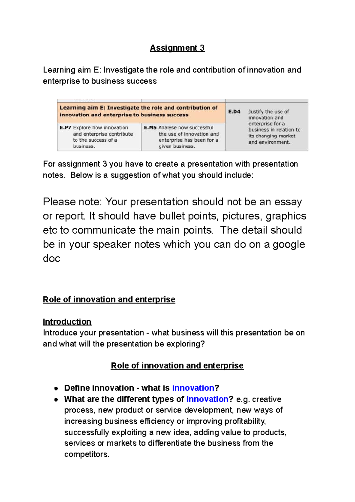 Assignment 3: Innovation & Enterprise's Role in Business Success - Studocu