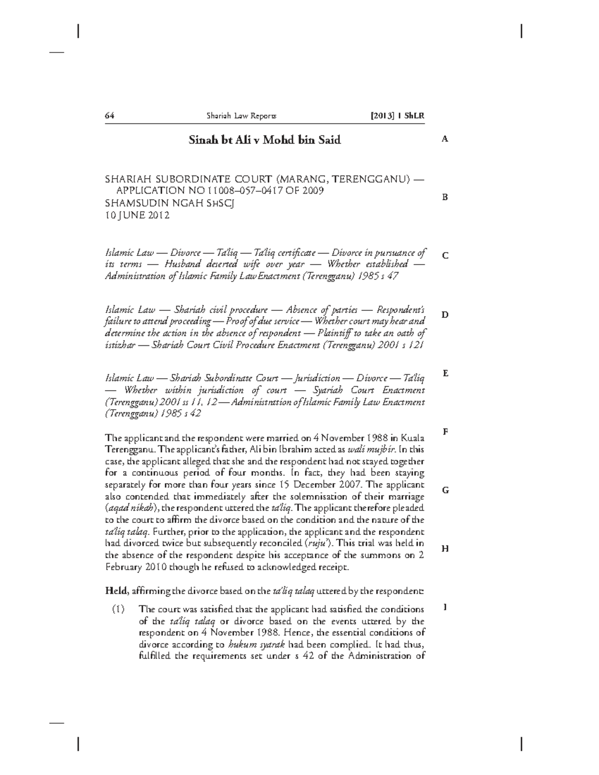 Shariah Law Reports: Sinah bt Ali v Mohd bin Said (1 ShLR) - Studocu