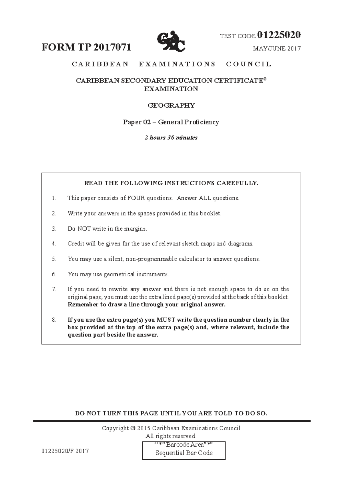 CSEC Geography Paper 02 Exam 2017 - General Proficiency - Studocu