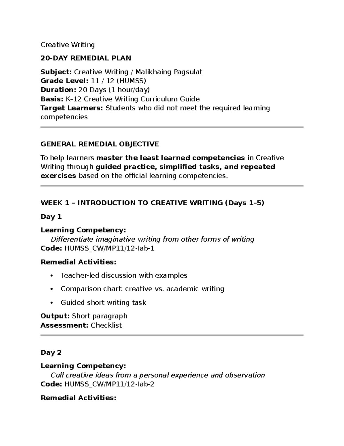 Creative Writing Remedial Plan for Grades 11-12 (HUMSS) - Studocu