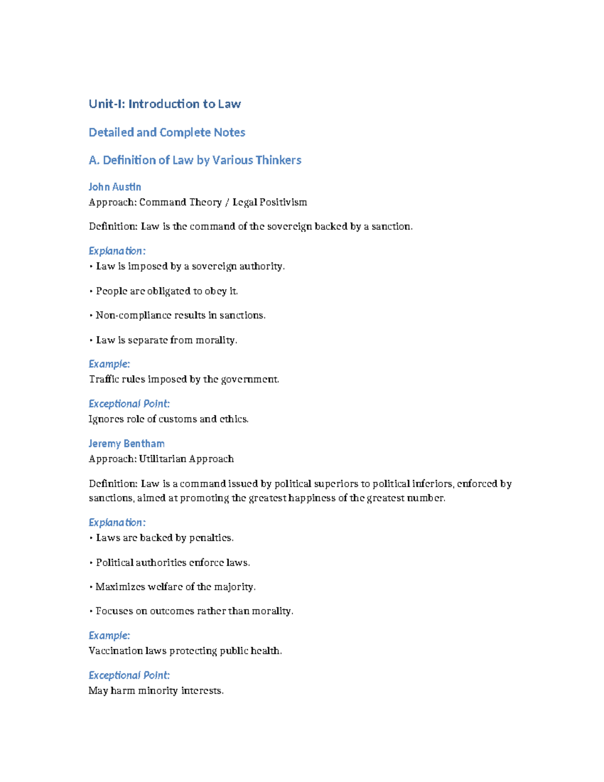 Unit I: Comprehensive Notes on Law Theories and Concepts - Studocu