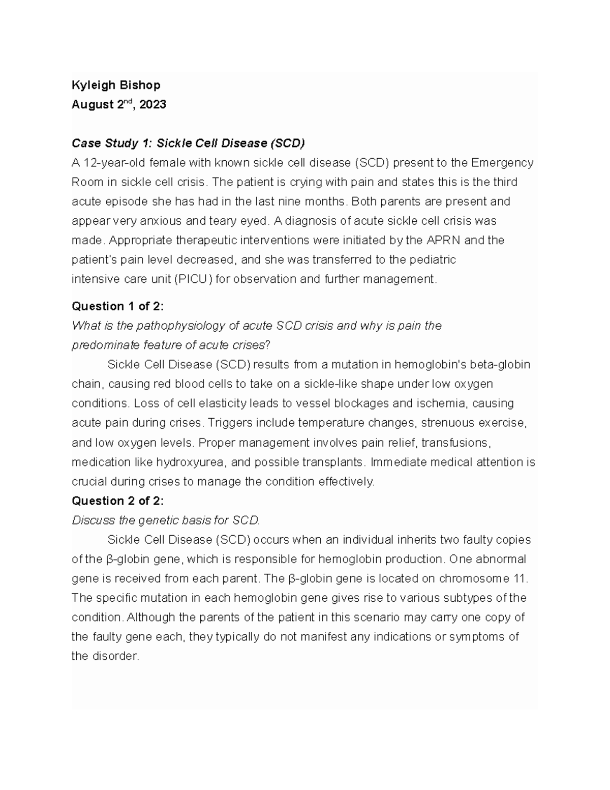 PEDS 101: Case Studies on Sickle Cell Disease & Asthma Management - Studocu