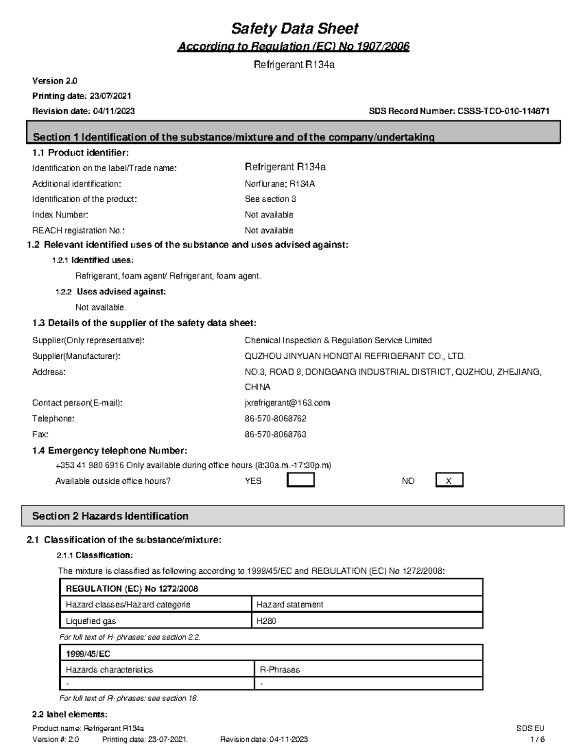 R134a MSDS: Hoja de Seguridad y Datos Técnicos - Studocu