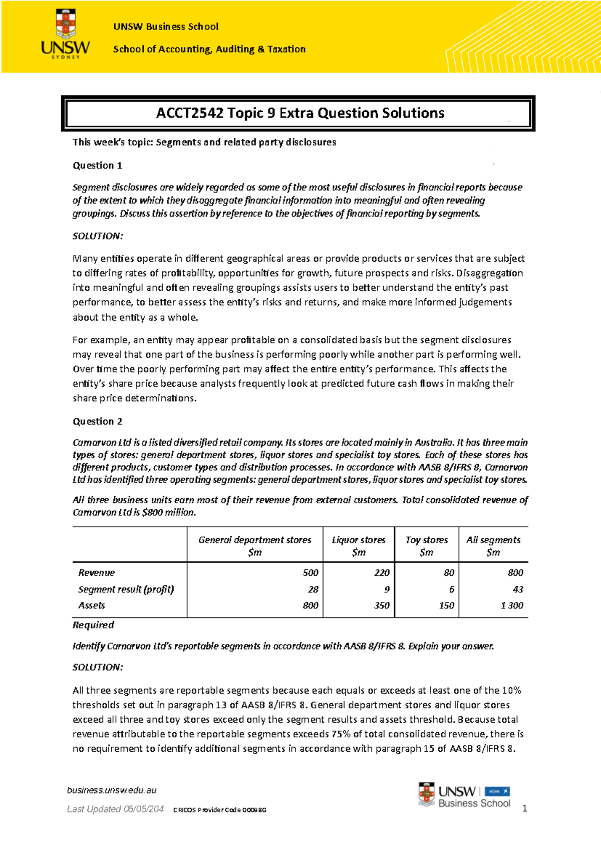 ACCT2542 Topic 9 Extra Questions & Solutions on Segments & Disclosures ...
