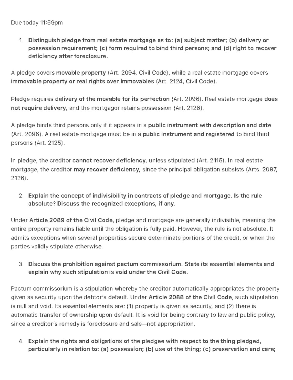 Activity 5 - Law on Sales: Pledge vs. Real Estate Mortgage Analysis ...