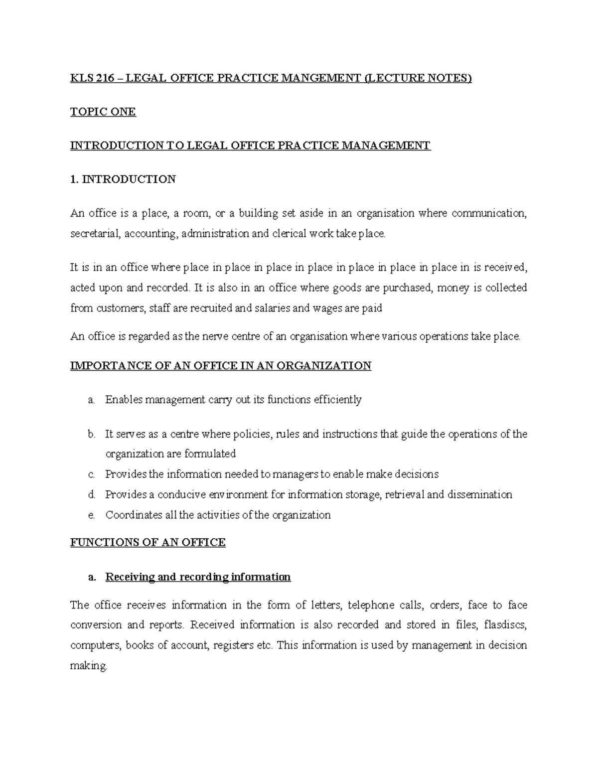 KLS 216 Legal Office Practice Management (Lecture Notes) - Topic 1 ...