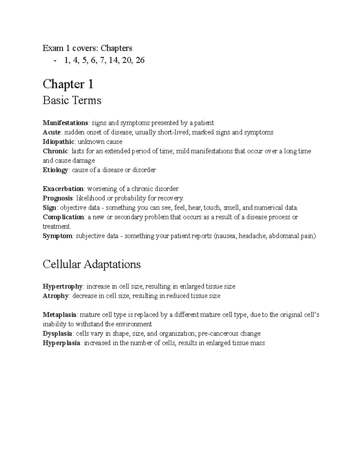 Patho 101: Exam 1 Review of Key Concepts and Chapters - Studocu