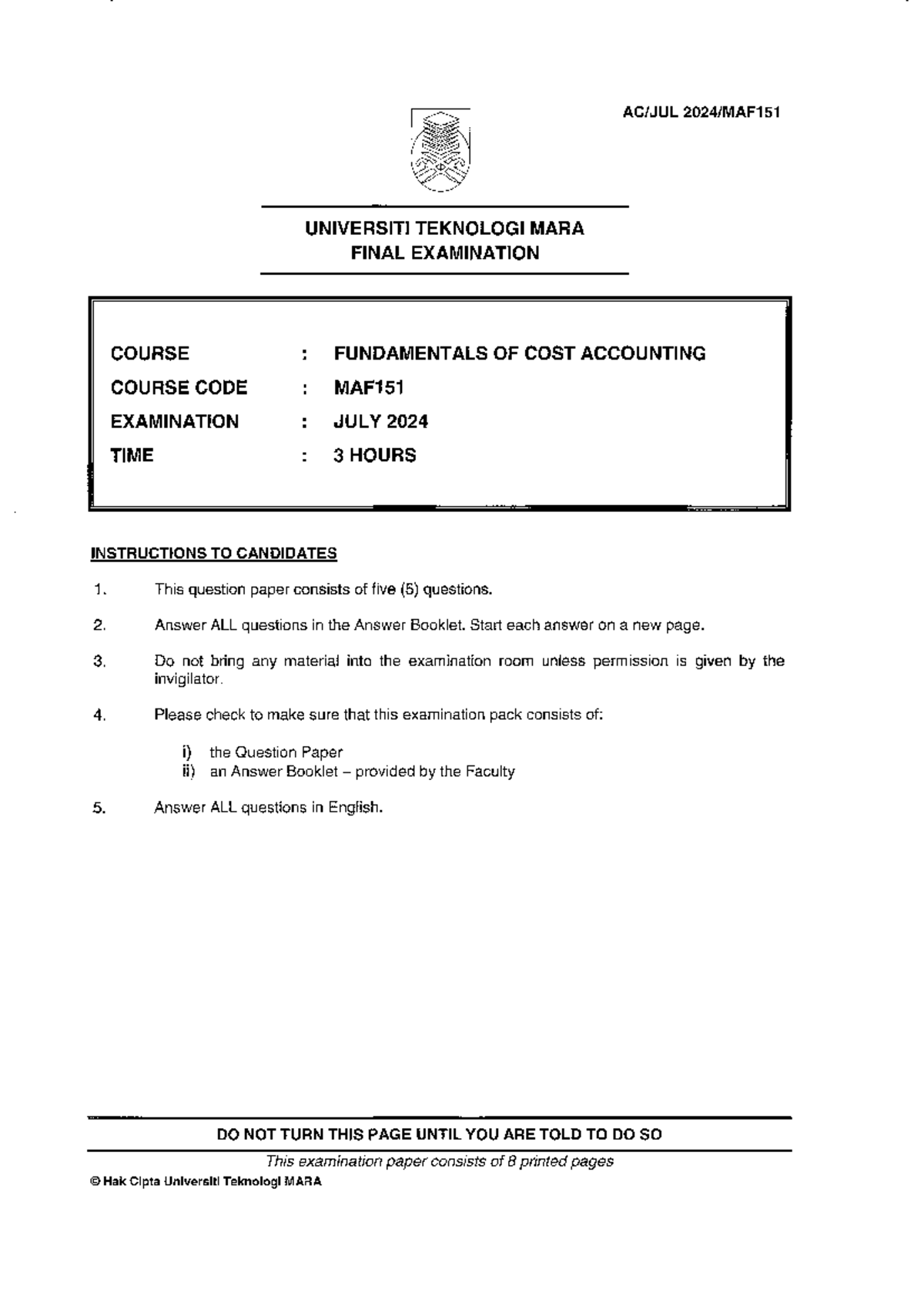 MAF151 Final Exam: Fundamentals of Cost Accounting - July 2024 - Studocu