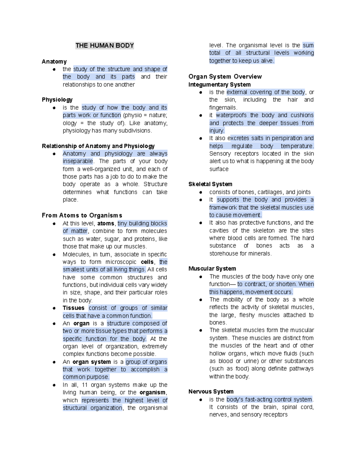 Anaphy Lec #0.1 - Overview of Human Body Anatomy & Physiology - Studocu