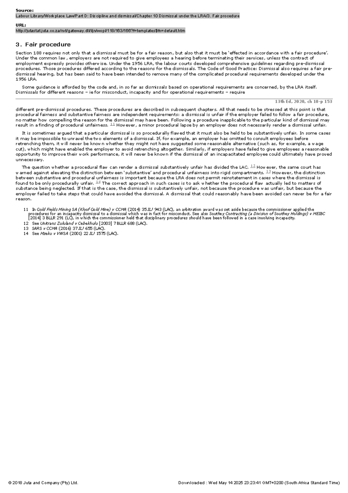 Labour Law 10: Procedural Fairness in Dismissals and Discipline - Studocu