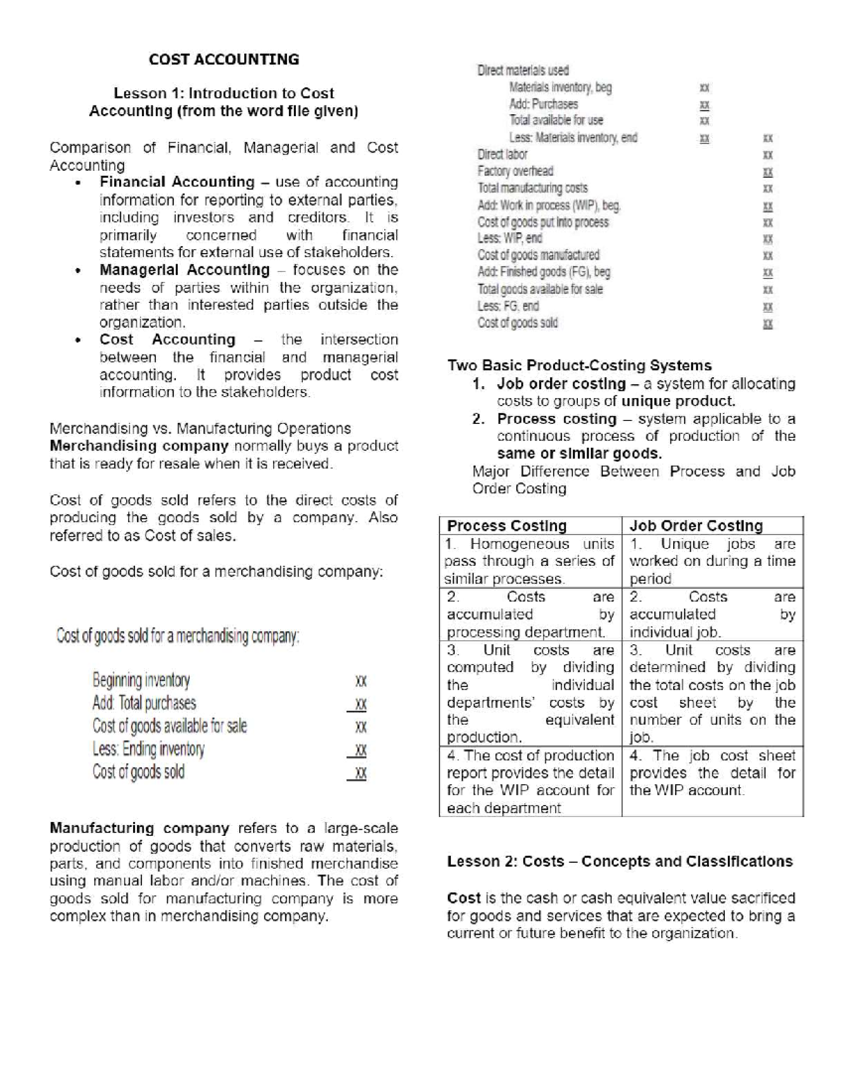 COST Accounting Lesson 1-4: Overview of Cost Concepts & Classifications ...