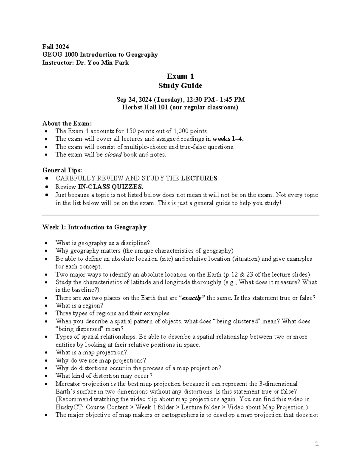Exam 1 Study Guide for GEOG1000 - Fall 2024: Key Concepts Overview ...