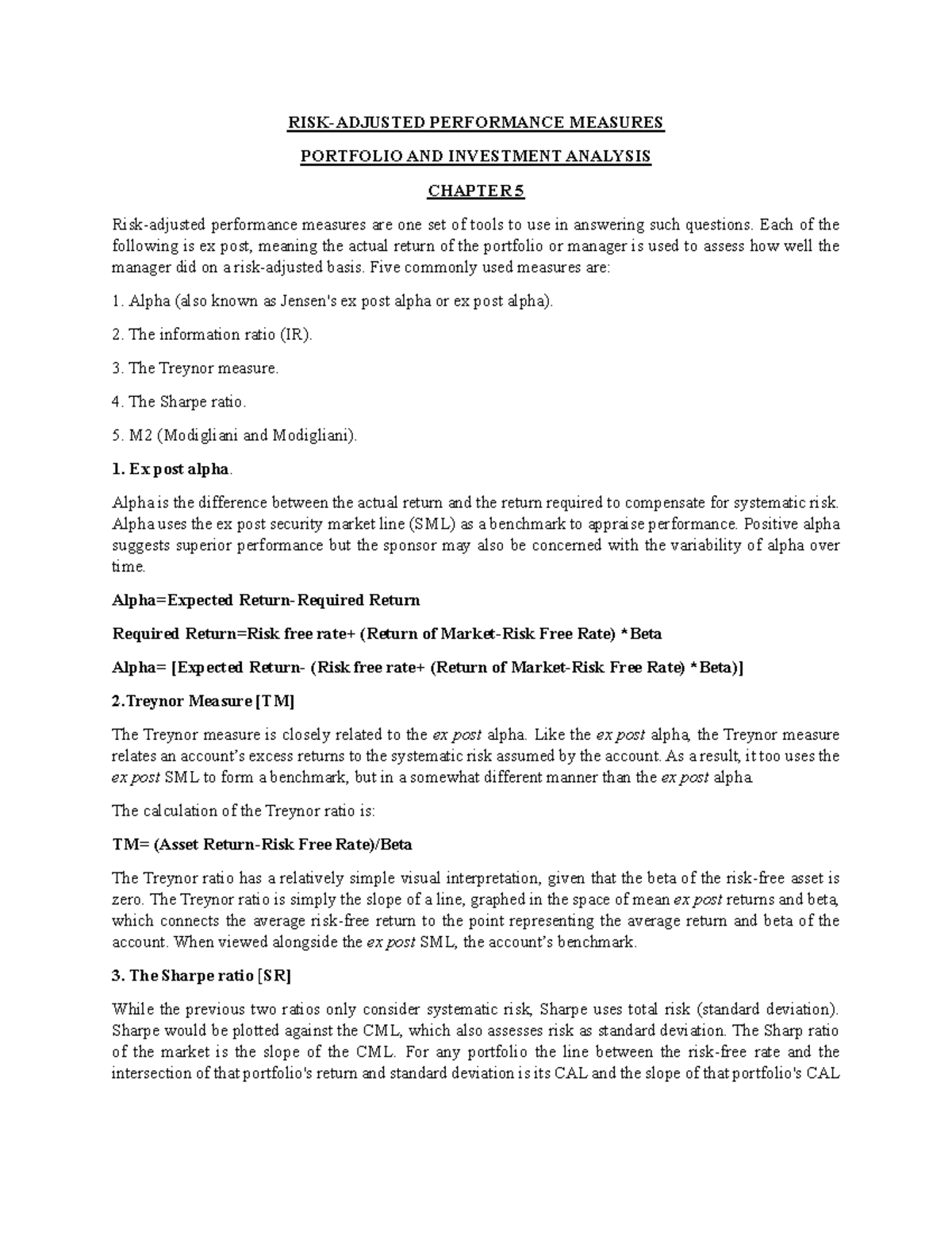 PERFORMANCE MEASURES IN PORTFOLIO ANALYSIS (CHAPTER 5) - Studocu