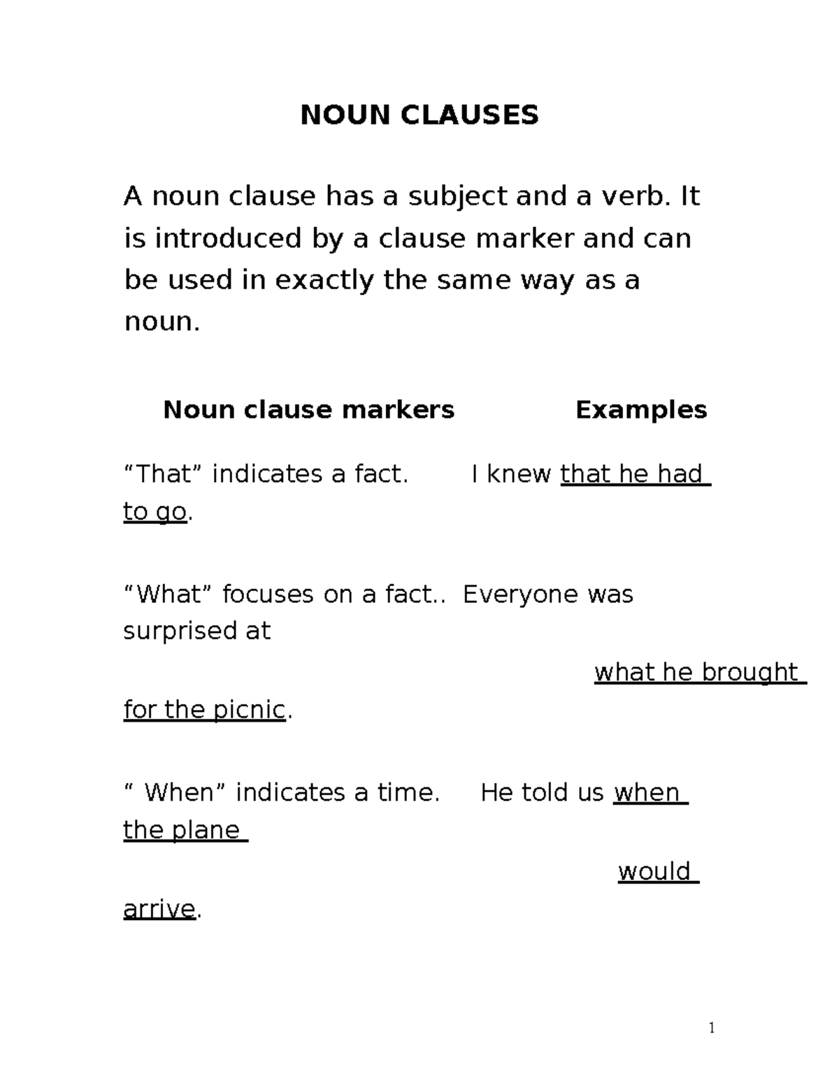 NOUN Clauses - morphology - NOUN CLAUSES A noun clause has a subject ...