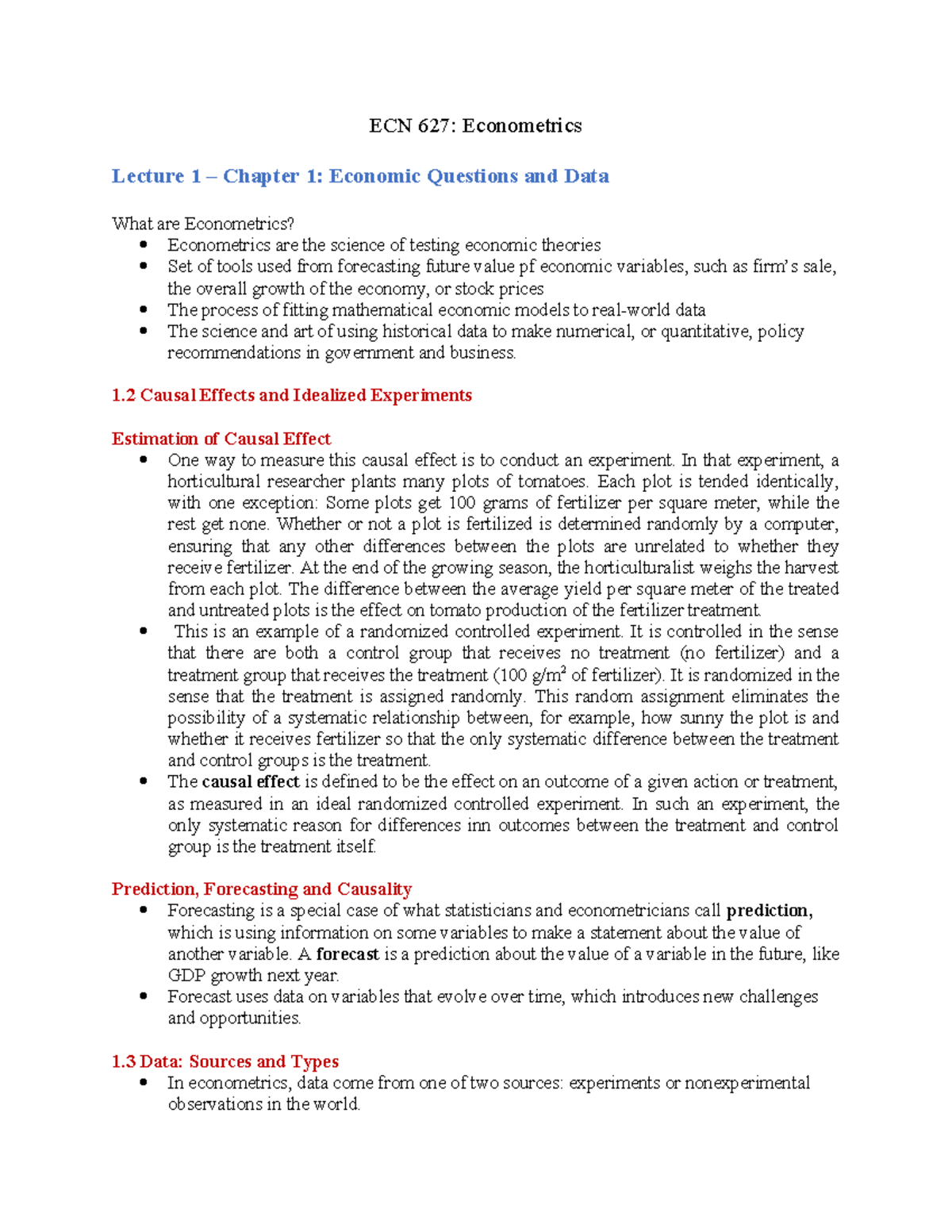ECN 627 Notes - ECN 627: Econometrics Lecture 1 – Chapter 1: Economic ...