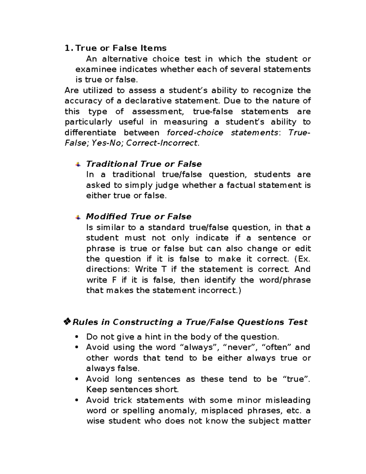 True or False Items: Assessment Strategies and Guidelines - Studocu