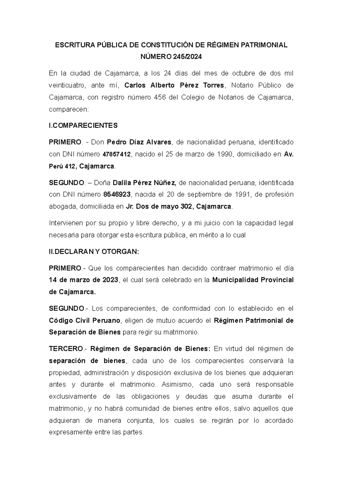 Escritura Pública de Régimen Patrimonial: Separación de Bienes - Document Preview