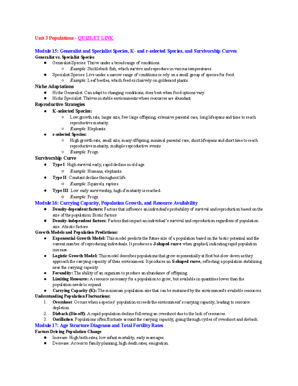 APES Unit 3 Study Guide: Populations, Species, and Growth Models - Studocu