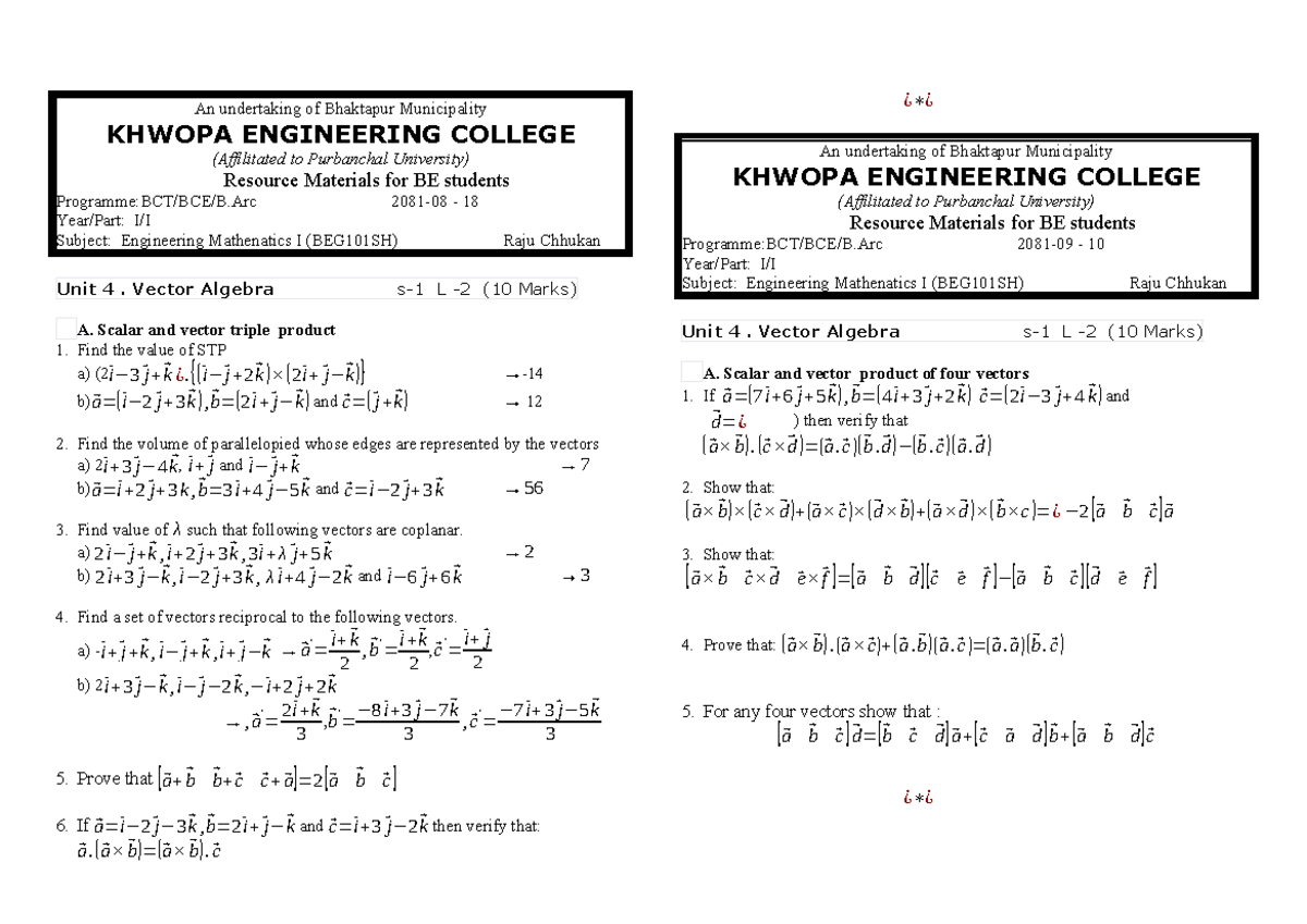 Engineering Mathematics I (BEG101SH) Unit 4: Vector Algebra Practice ...