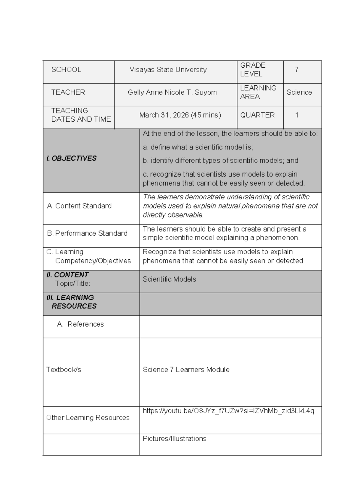 Lesson Plan: Scientific Models in Science 7 (Q1) - Studocu