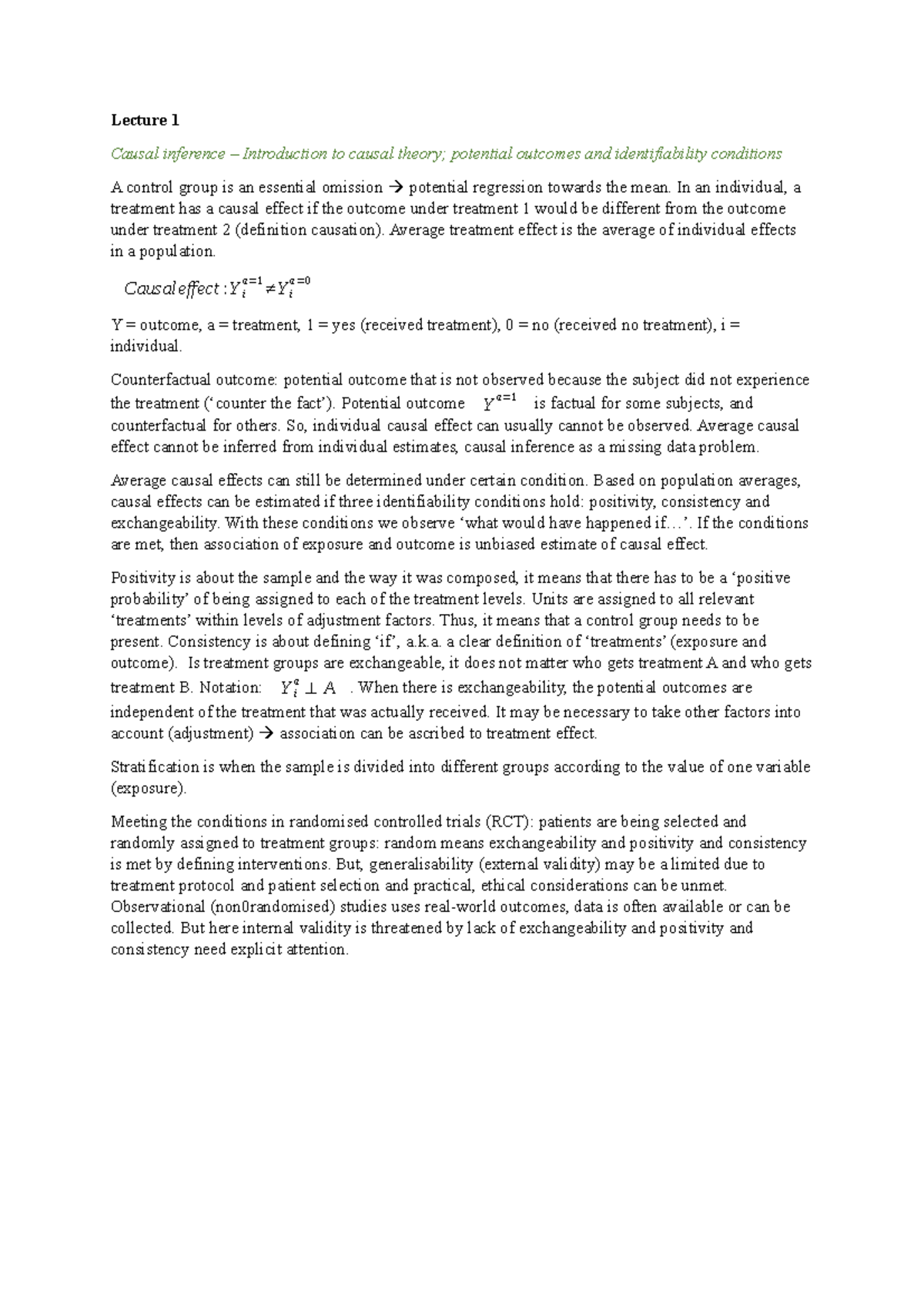 Causal Inference Overview: Lecture 1 Summary Notes - Studeersnel