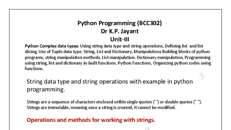 Python Programming (BCC302) Unit-3 Notes: Complex Data Types and ...