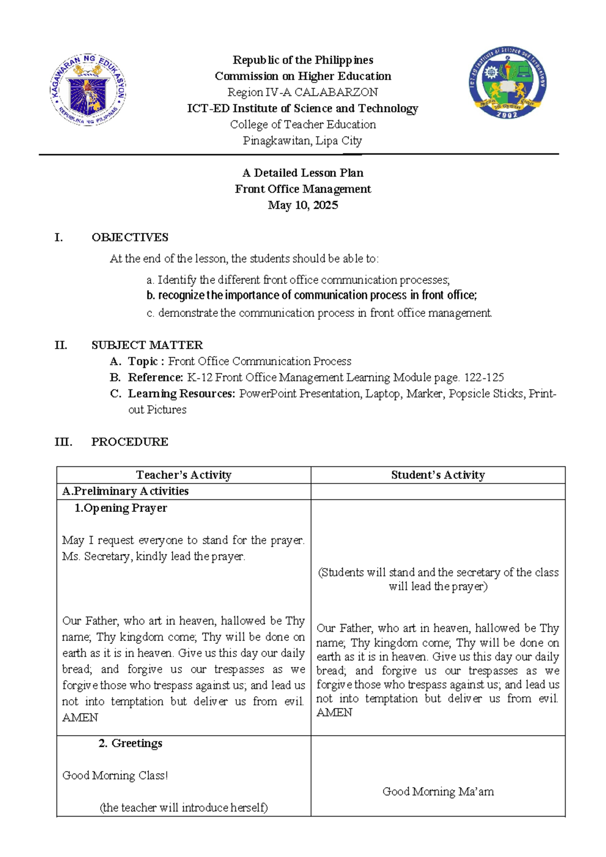 Detailed Lesson Plan on Front Office Management (EDUC 101) - Studocu