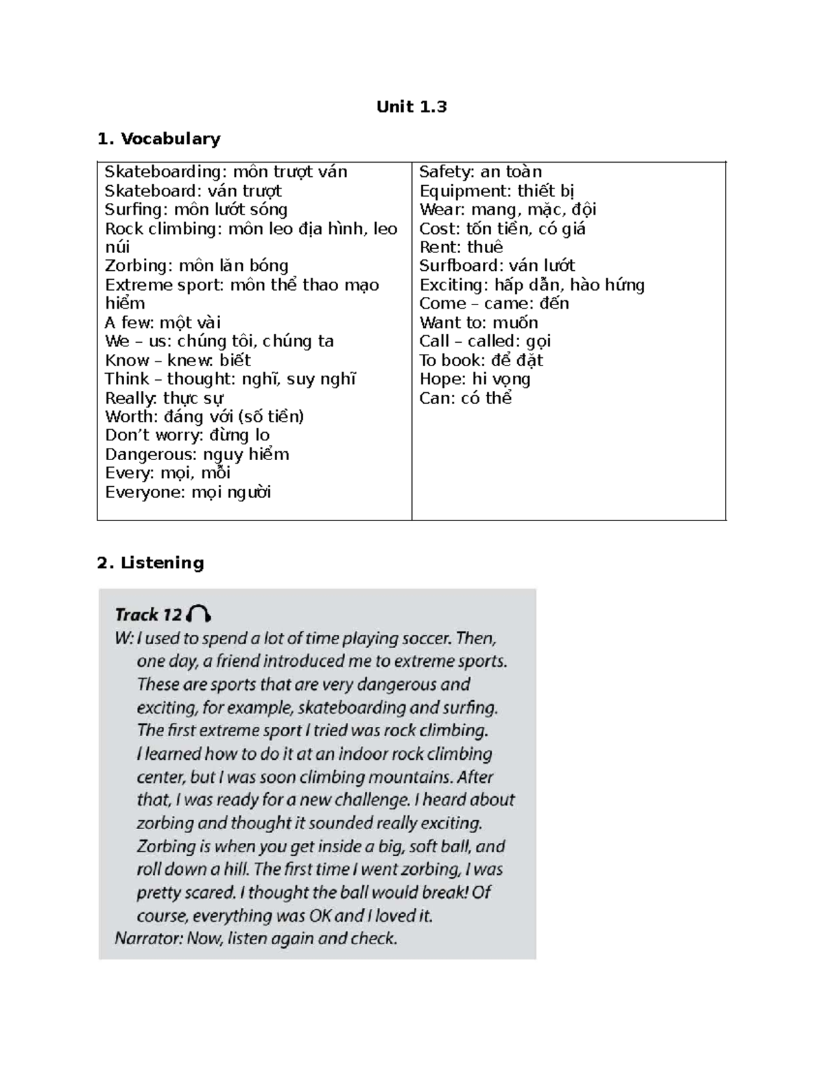 Eng 7 Unit 1 - Vocabulary, Listening, and Reading Exercises - Studocu