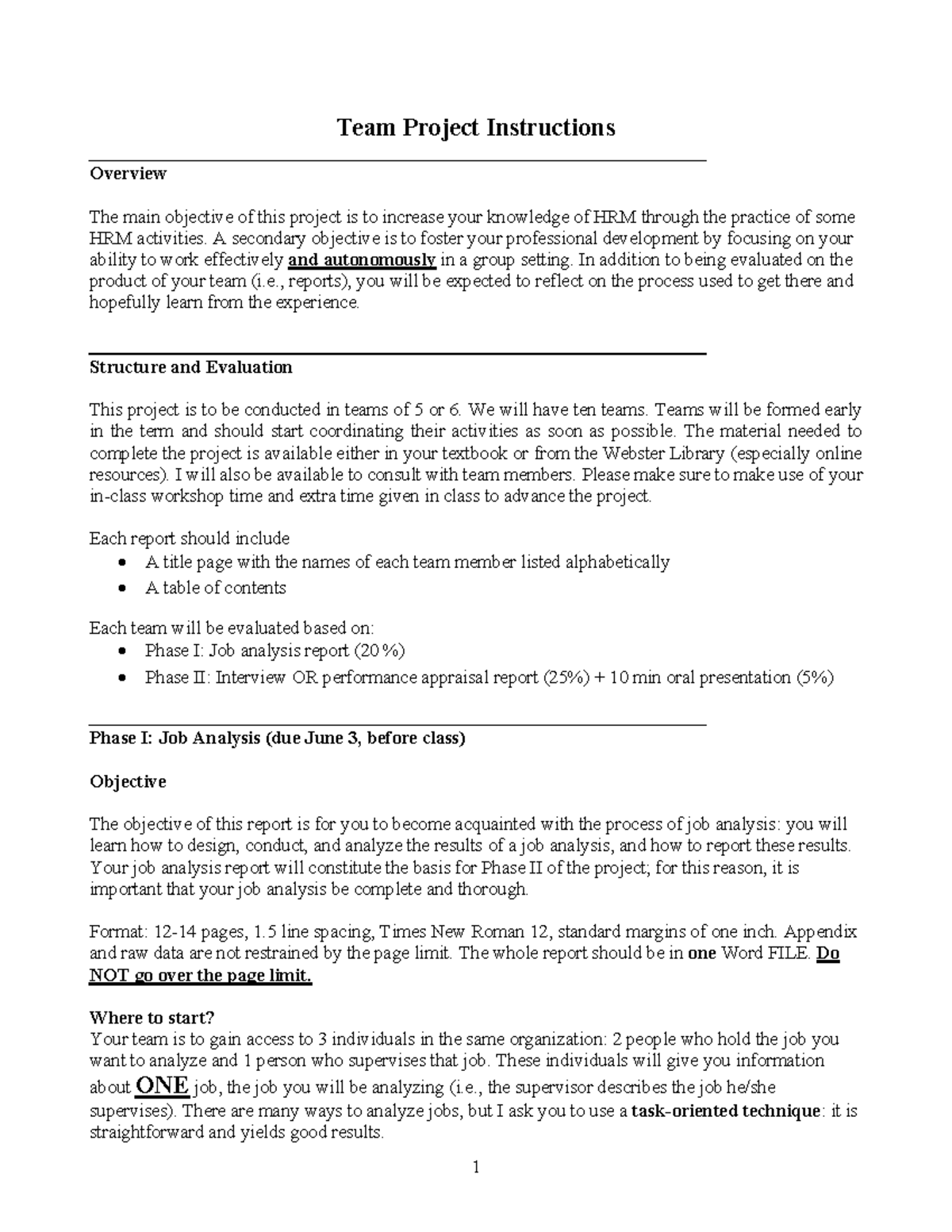 HRM Team Project Instructions: Job Analysis & Evaluation Guide - Studocu