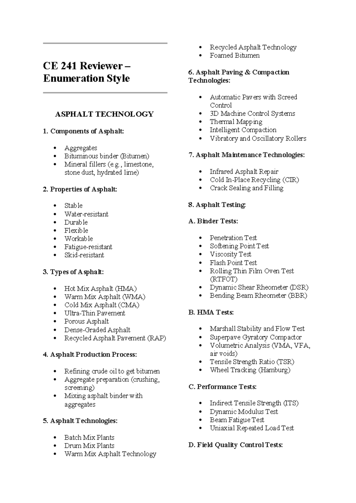 CE 241 Final Exam Reviewer: Asphalt, Cement, Timber, Steel & Concrete ...