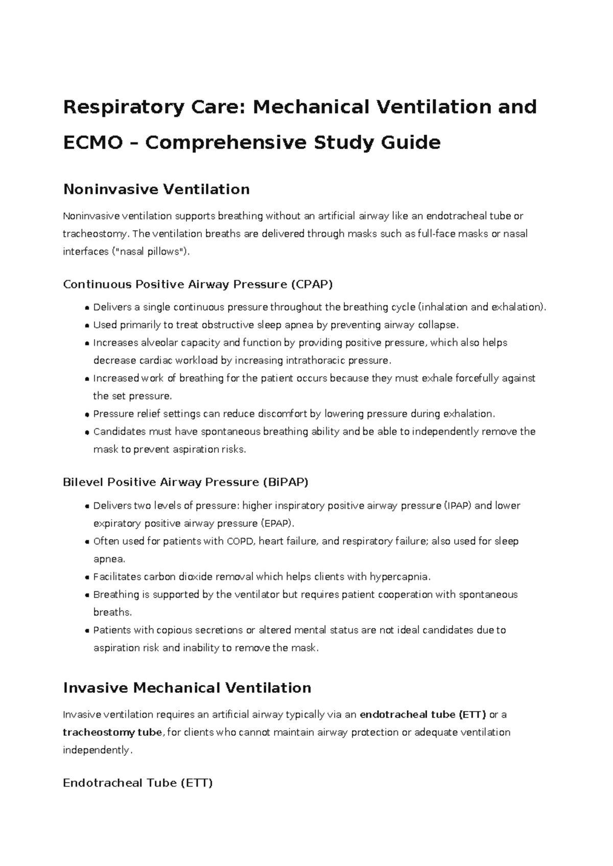 Respiratory Care: Mechanical Ventilation & ECMO Study Guide - Studocu