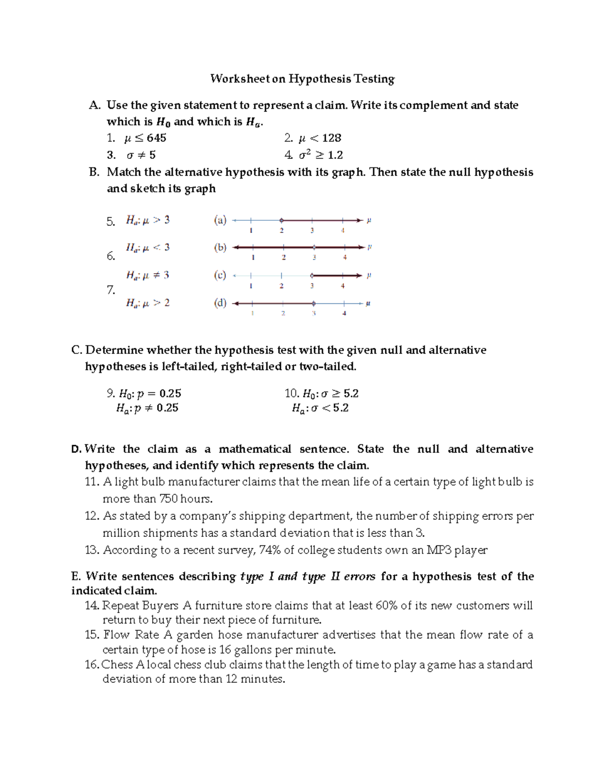 Worksheet on Hypothesis Testing - Use the given statement to represent ...