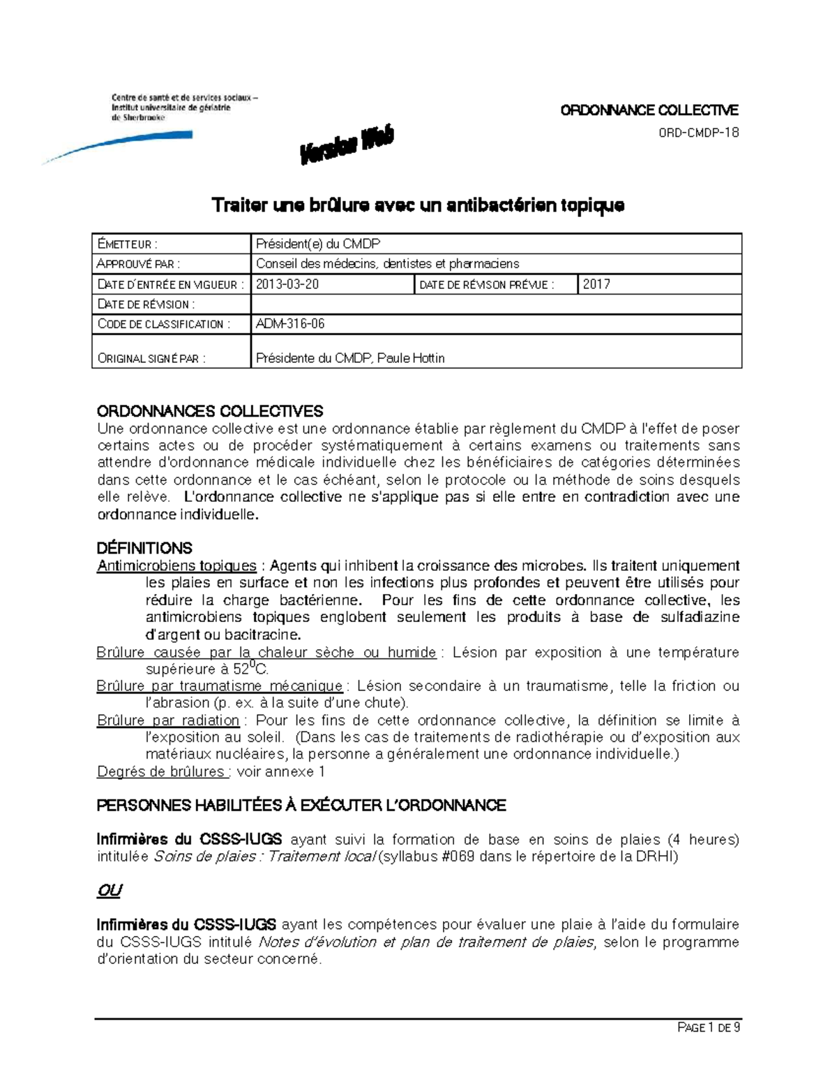 ORDONNANCE COLLECTIVE CMDP 18 : Traitement des Brûlures avec ...