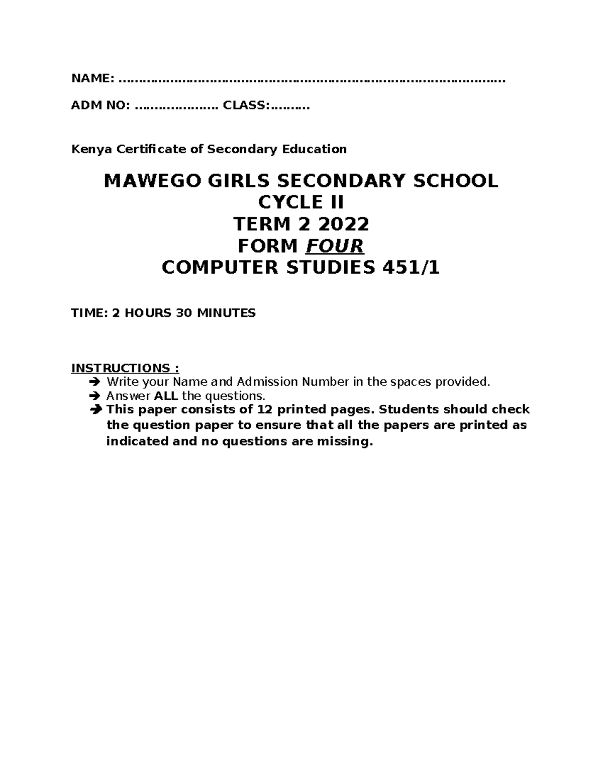 F4 COMP PP1 Q - Computer Studies Term 2 Exam 2022 - Studocu