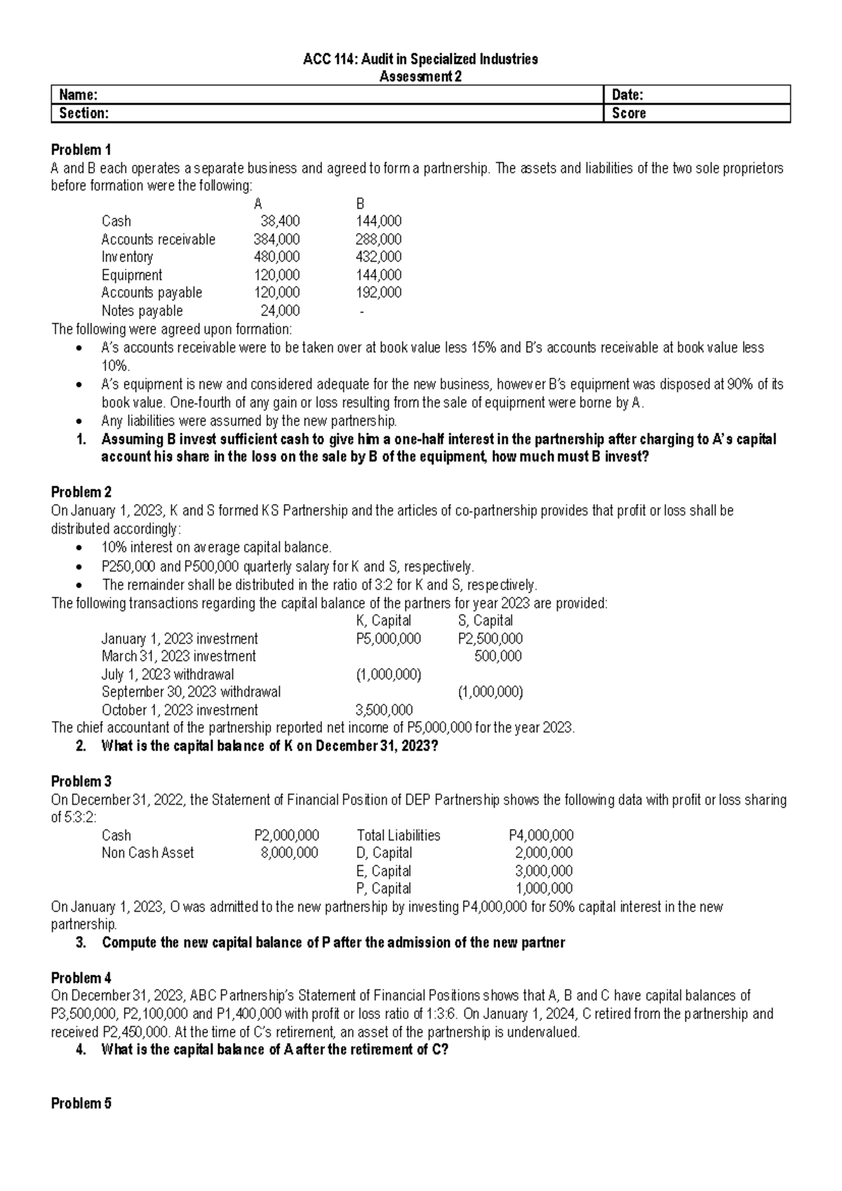 ACC 114: Audit in Specialized Industries Assessment 2 Seatwork - Studocu