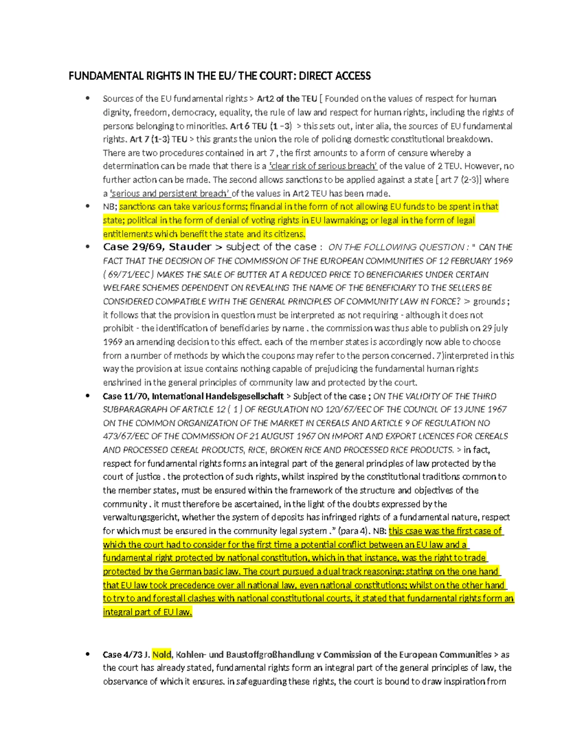 EU Law Case Studies and Exam Notes on Fundamental Rights - Studocu
