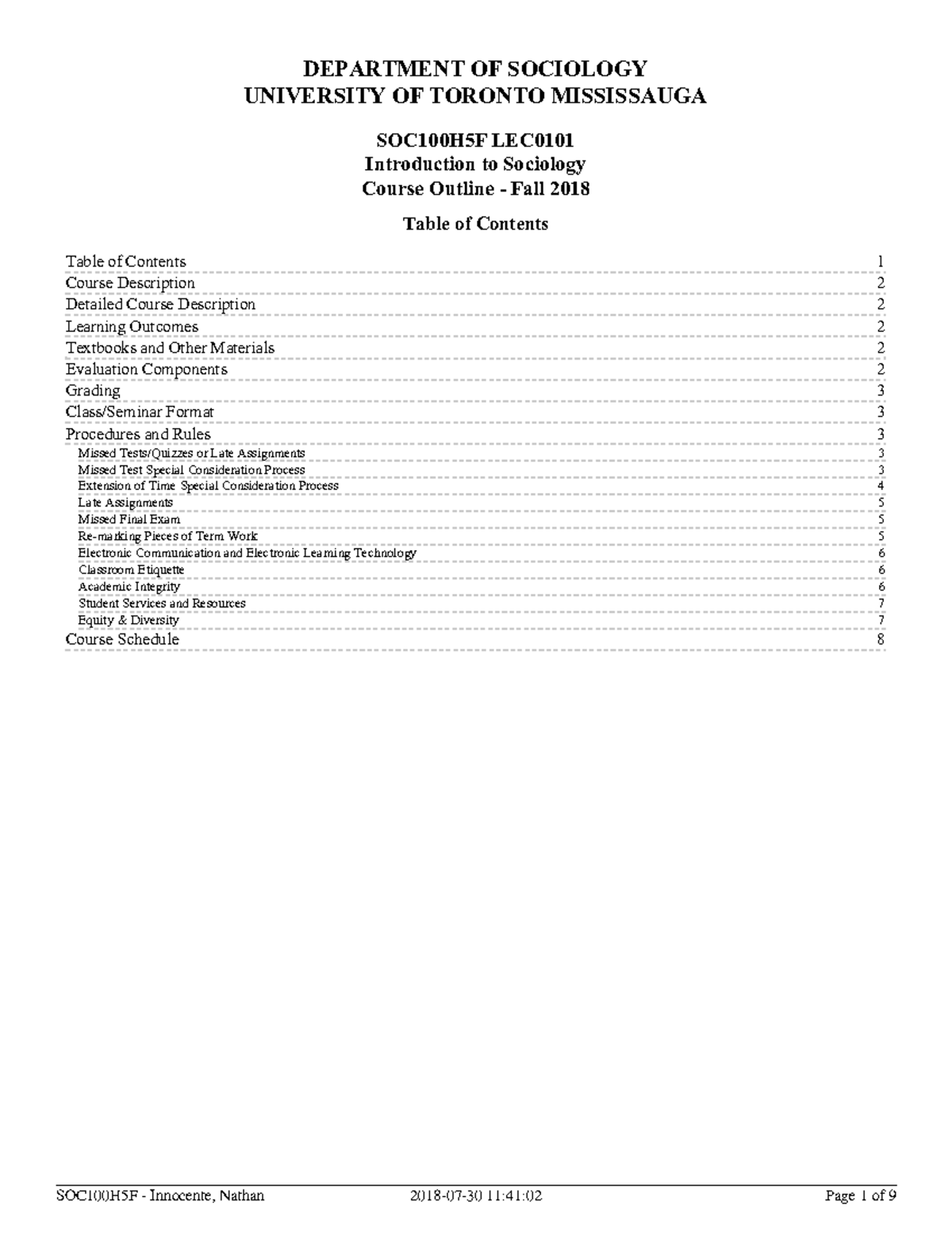 SOC100H5F Syllabus: Introduction to Sociology Course Outline Fall 2018 ...