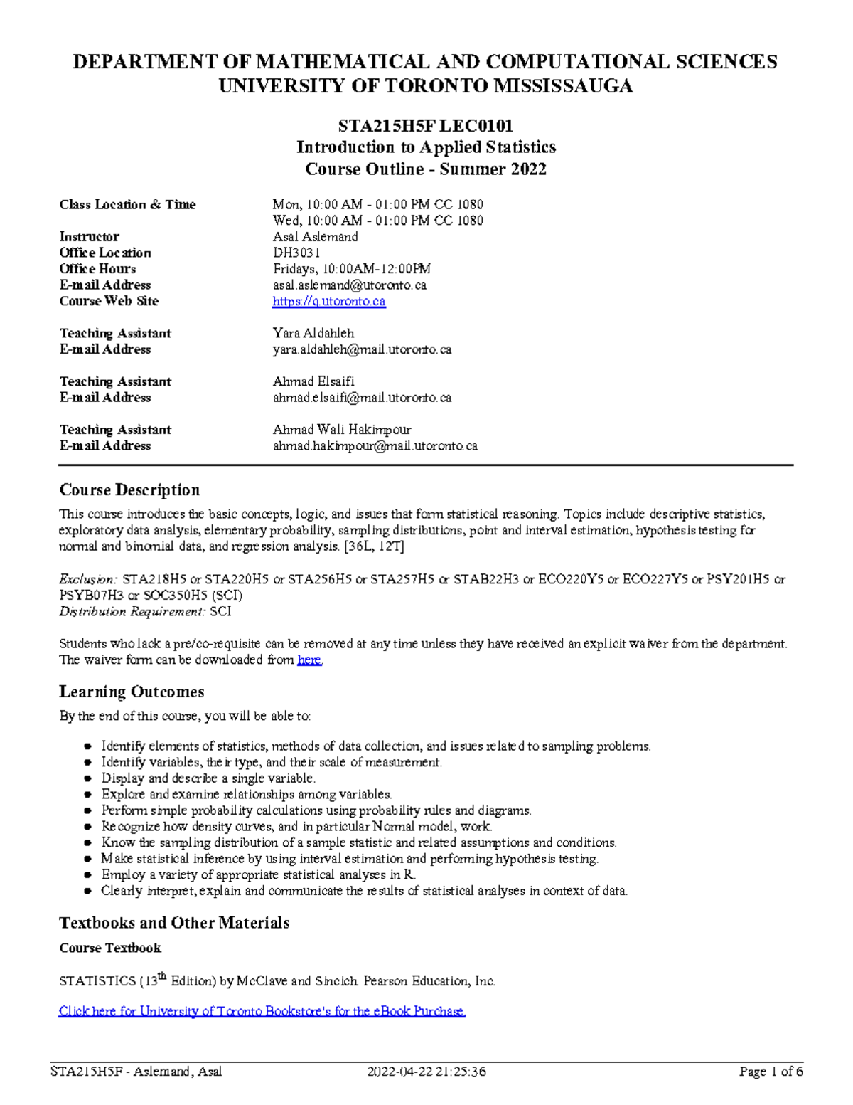 STA215H5F LEC0101 Course Syllabus - Introduction to Applied Statistics ...