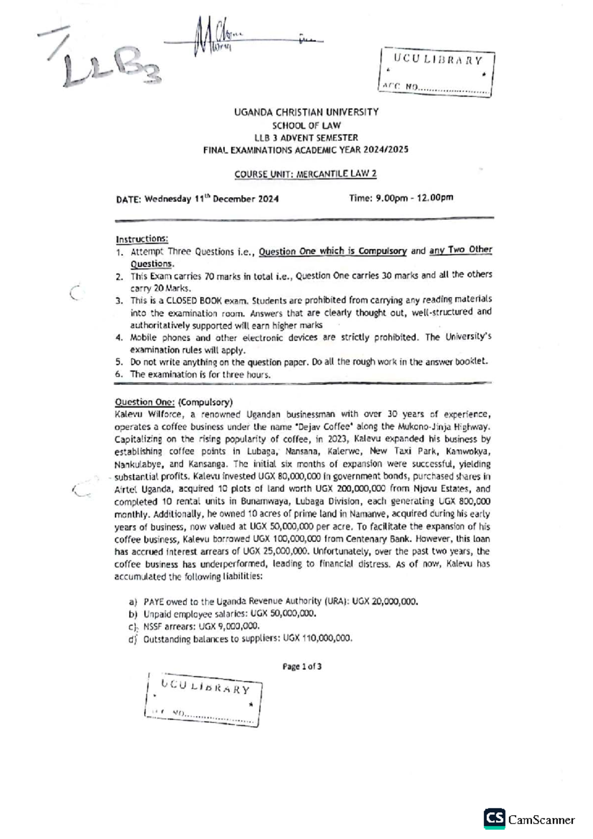 Mercantile Law II LLB 3 Final Exam Papers - Uganda Christian University ...