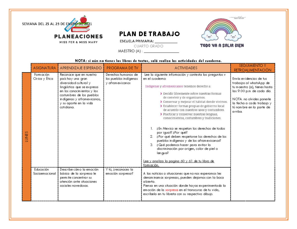 🌈4° Plan Miss Fer sem - cuaderno de actividades - SEMANA DEL 25 AL 29 ...