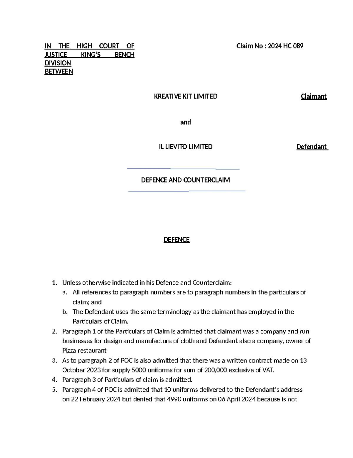 Drafting Defence - Claim No: 024 HC 089 - Kreative Kit Ltd vs Il ...