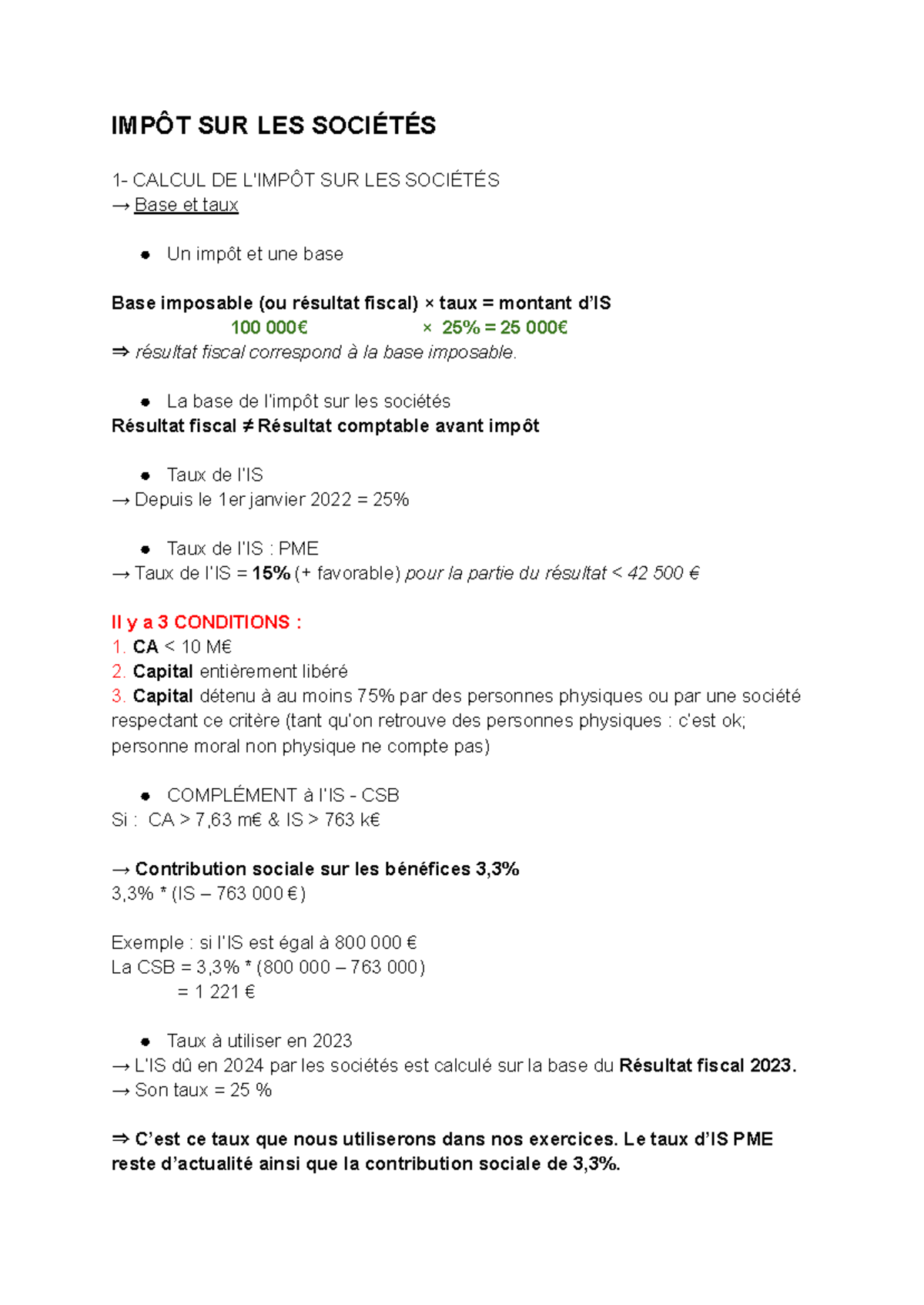 IS Cours : Calcul de l'Impôt sur les Sociétés et Base Imposable - Studocu