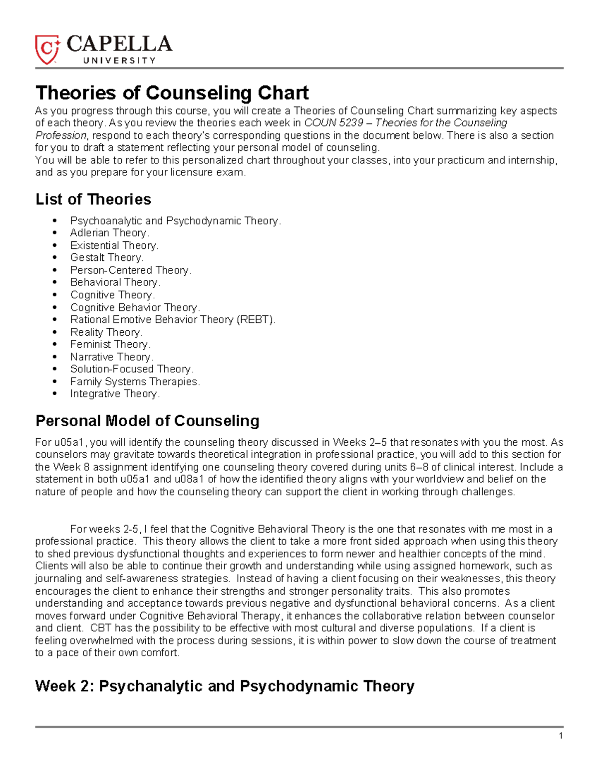 Theories of Counseling Chart for COUN 5239 Week 8 Summary Studocu