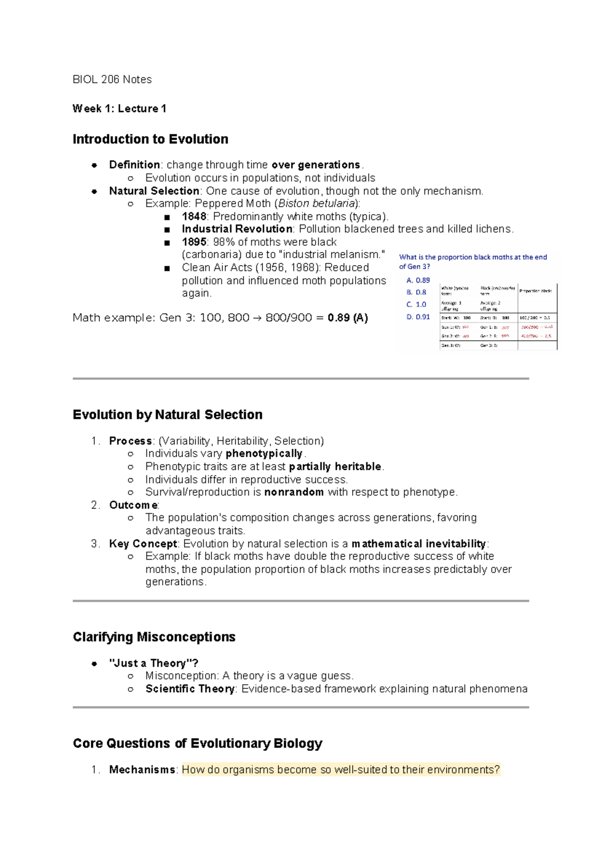BIOL 206 Notes - BIOL 206 Notes Week 1: Lecture 1 Introduction to ...