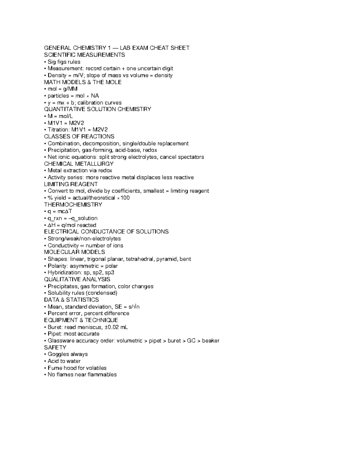 CHEM 1 LAB FINAL EXAM CHEAT SHEET: KEY CONCEPTS & FORMULAS - Studocu