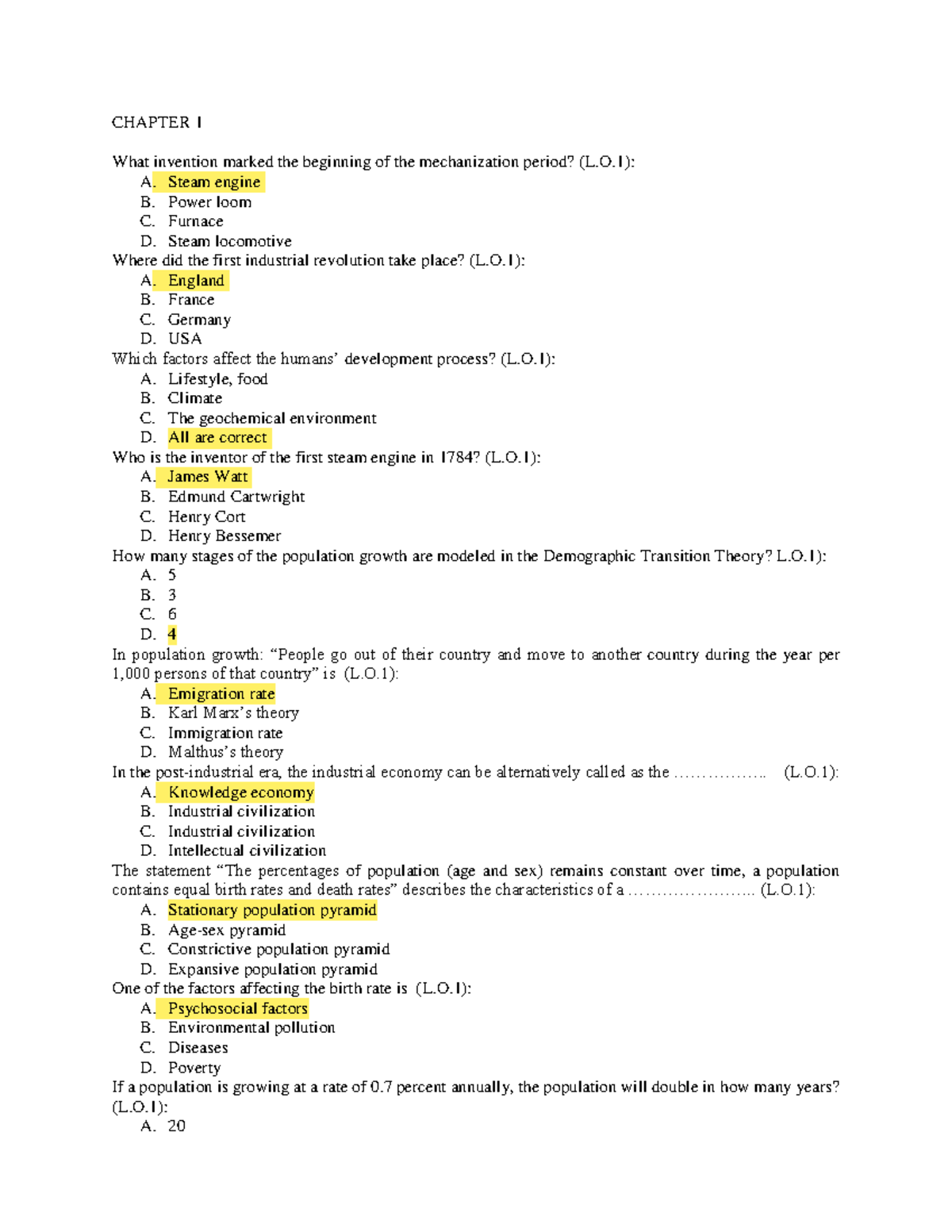 Question Bank: Human and the Environment (L.O.1 - L.O.5) - Document Preview