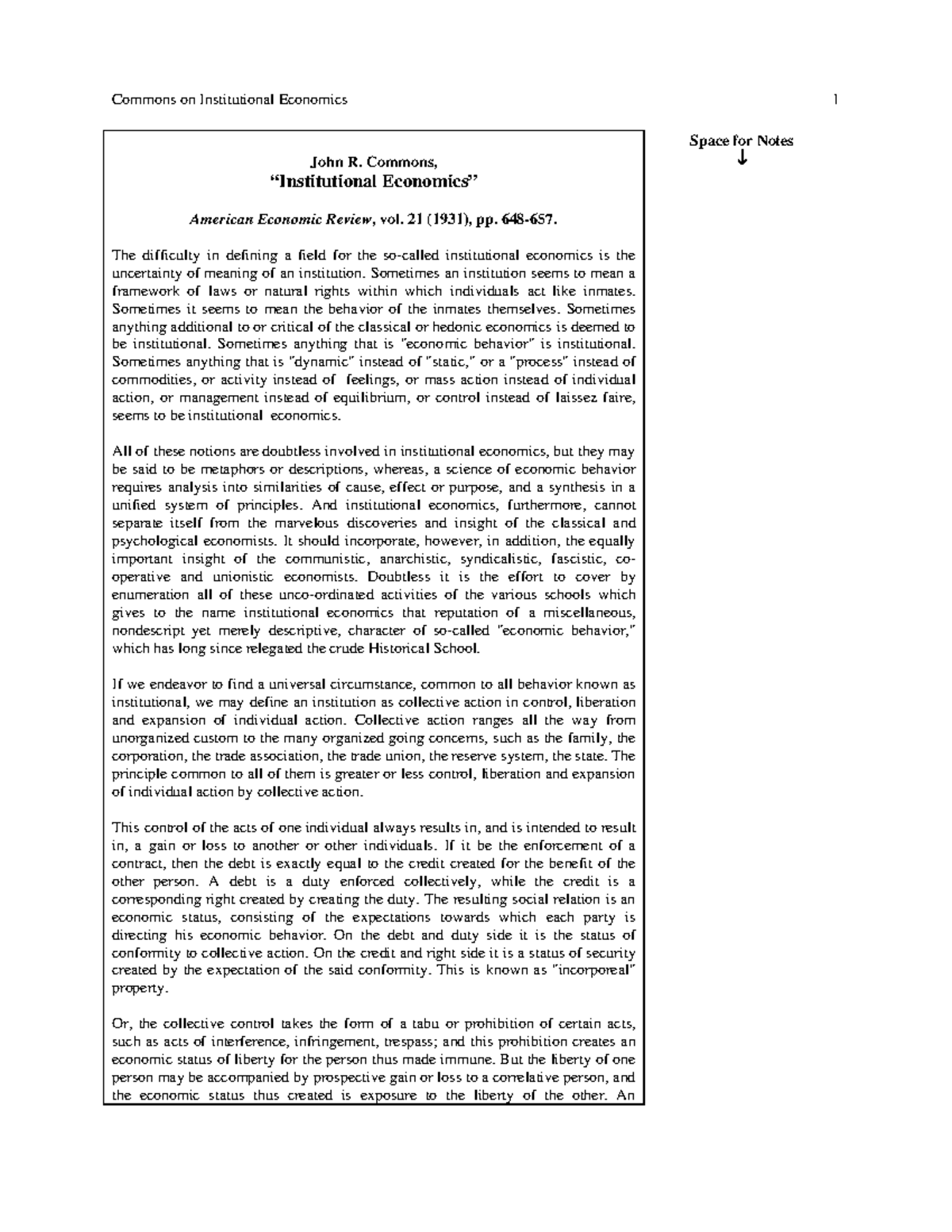 Institutional Economics Overview: Insights from John R. Commons - Studocu