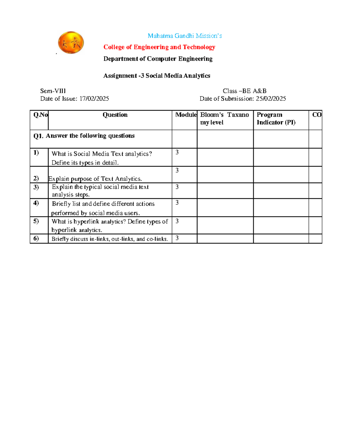 SMA Assignmnt 3 2024 25 - SMA ASSIGNMENT - Mahatma Gandhi Mission’s ...